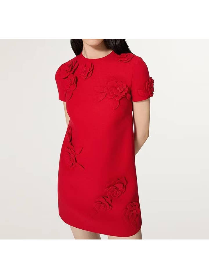 DR330L Chic 3D Floral Red Dress - Short Sleeve Elegance for wholesale on Faire0