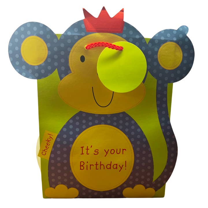 The Unique Paper Company – wholesale Gift bag – Cheeky Monkey Birthday Bag Blue and Yellow Fun Kids Design1