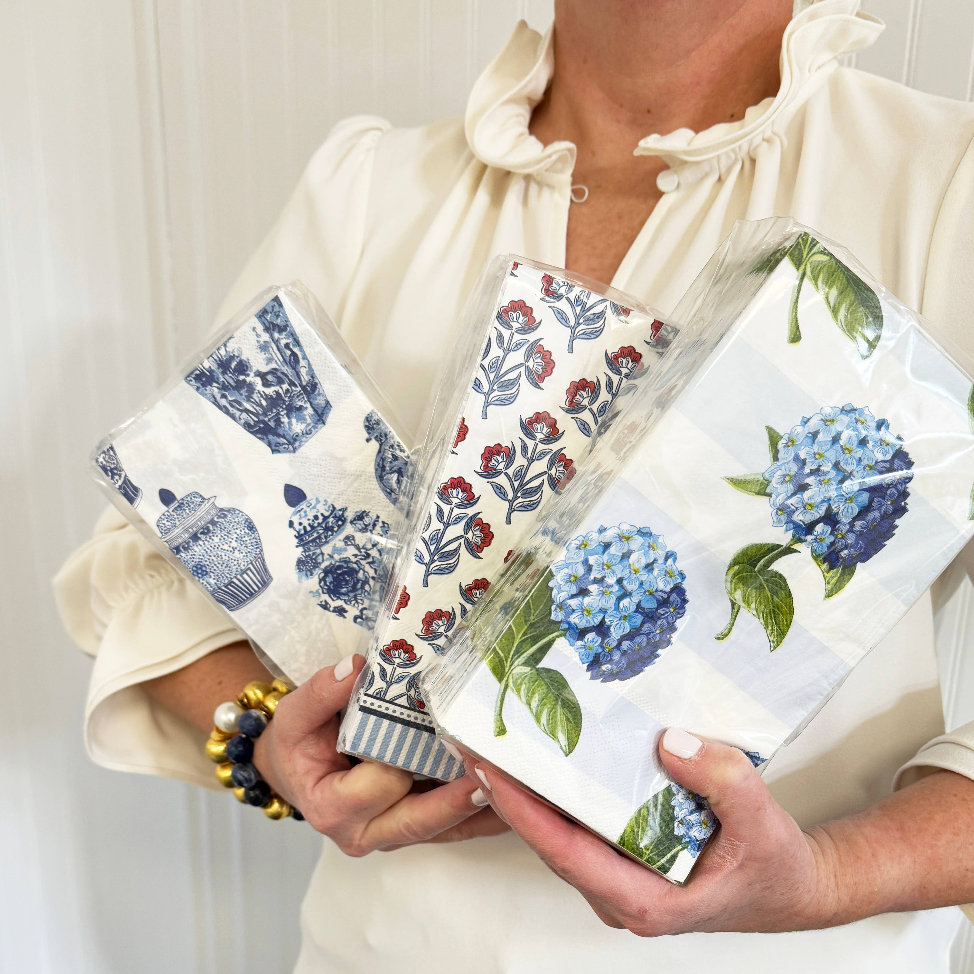 WH Hostess Social Stationery - Wholesale Disposable Napkin - In Stock WH Paper Guest Towels | Hydrangeas Stripe1