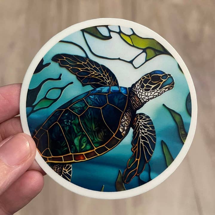 Sea Turtle Stained Glass Die Cut Vinyl Sticker for wholesale by Prairie Chicken Sticker Shop & Gifts