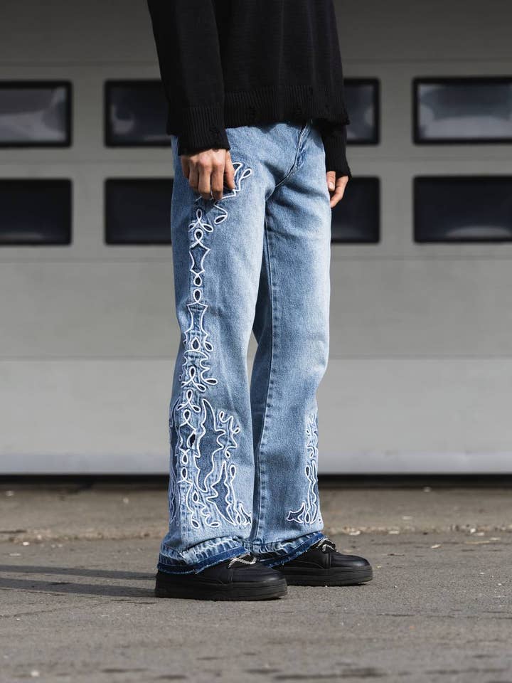 Baggy Flare Designer Patch Denim Jeans for wholesale by PremiumDenim