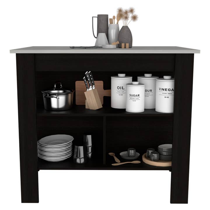 Treevol Furniture - Wholesale Kitchen Storage/Organizer - Kitchen Island Dozza, Kitchen, Black / Ibiza Marble