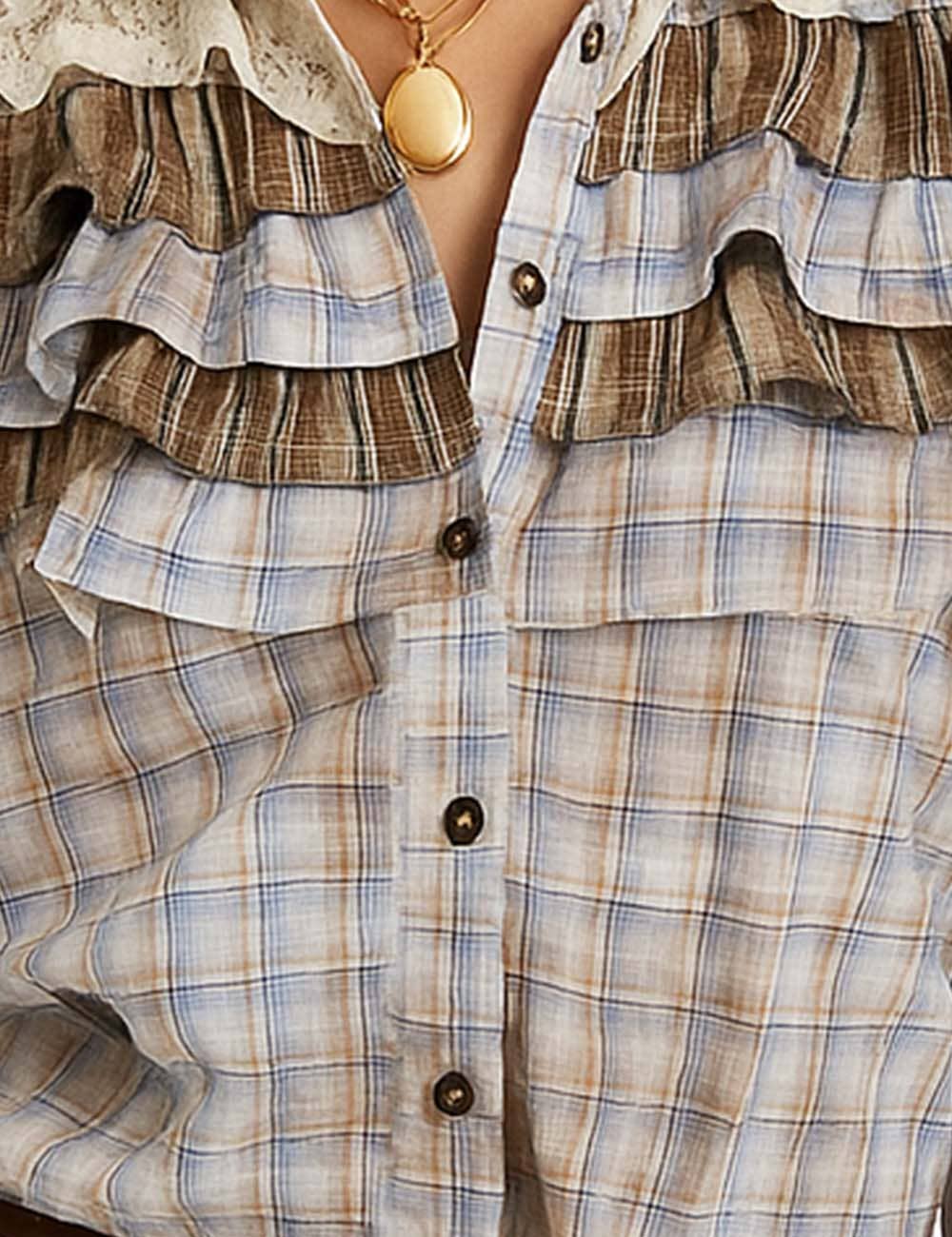 Sweetkama – wholesale Buttoned-down shirt – Women's – Ladies Plaid Print Tiered Ruffle Trim Button Down Shirt1