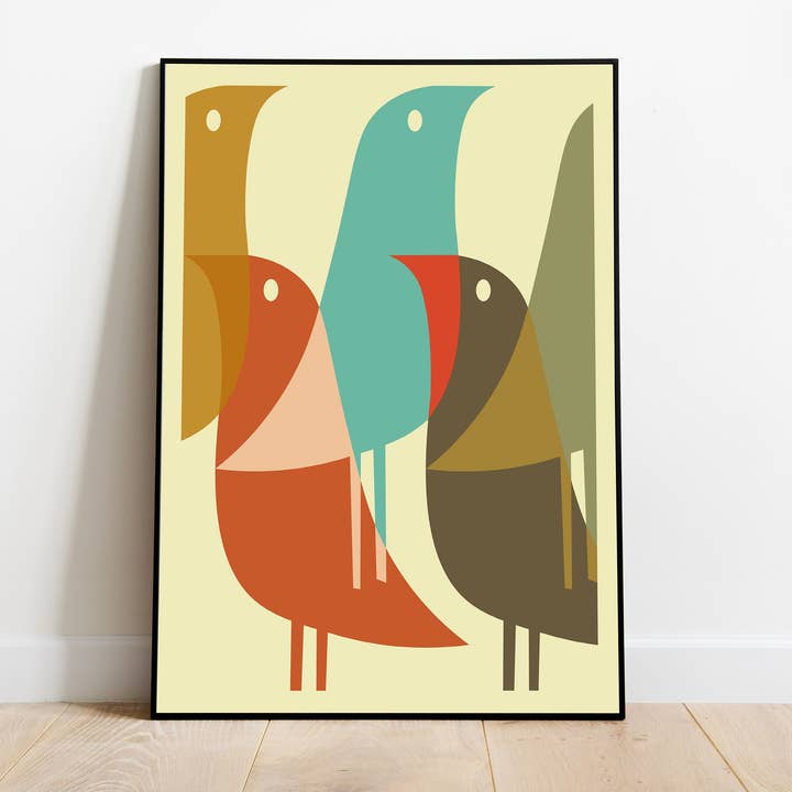 Art mural moderne du milieu du siècle avec imprimé d'oiseaux minimalistes pour la vente par Jaffa Orange