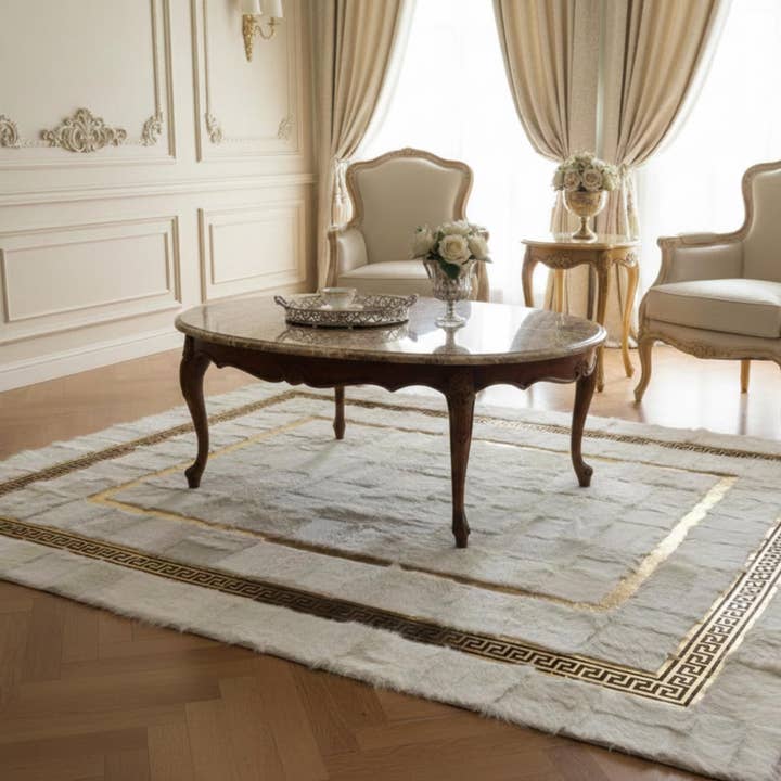 Cream and Gold Tuscan Rug, Plush Geometric Border Area Rug, Luxury Faux Fur Carpet, Neoclassical Floor Decor, Soft Living Room Mat for wholesale by Karelias And Sons