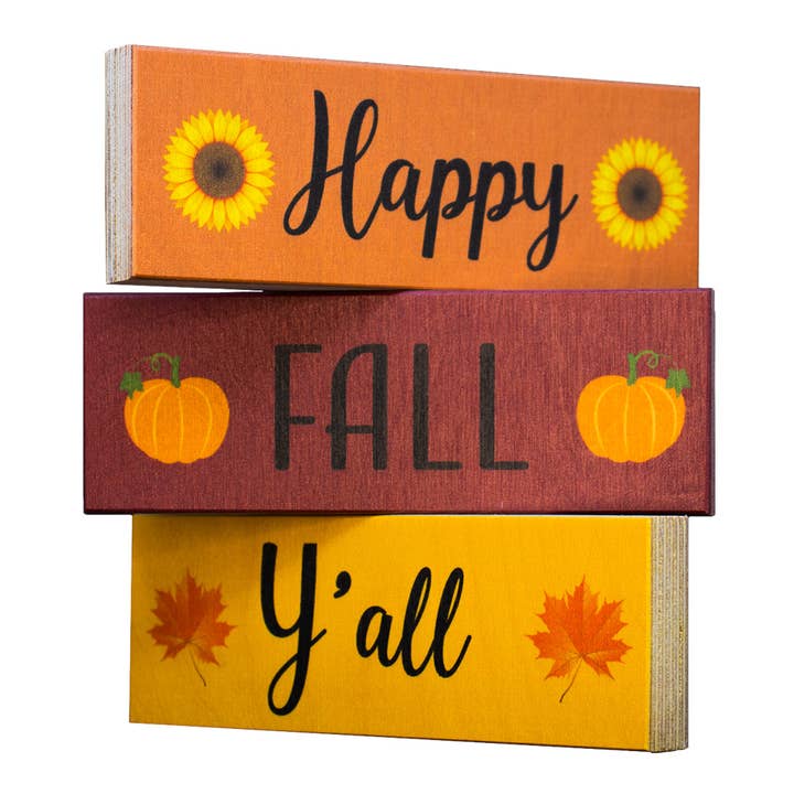 Herbstdekoration, Fröhlichen Herbst euch allen Holzblockschilder, Herbstgestufte Ablage, Herbstdekorationen für Zuhause, Herbst-Erntedankdekorationen, Hergestellt in den USA für den Großhandel von JennyGems