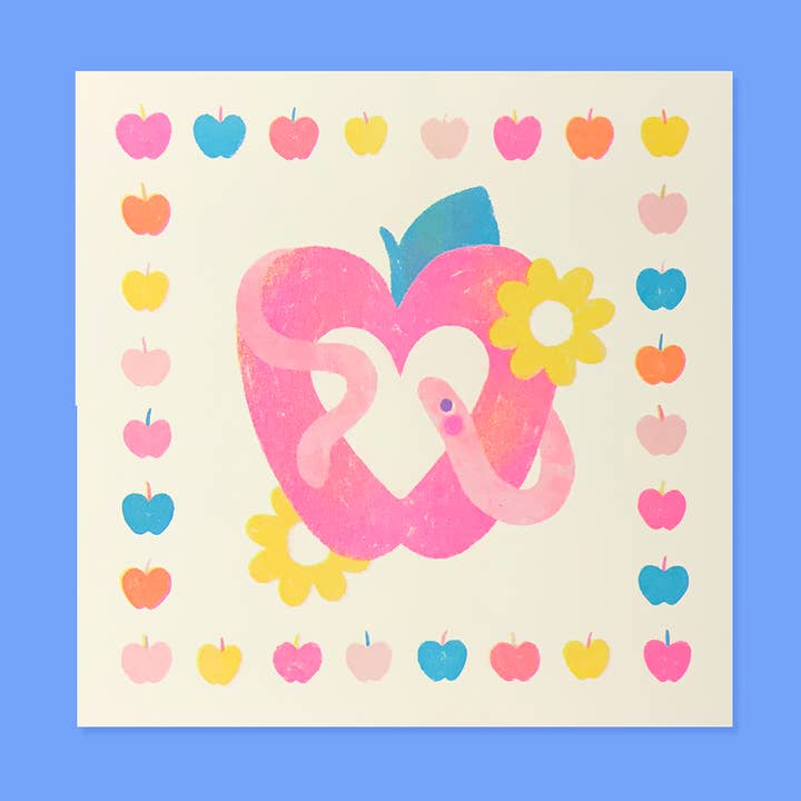 Wildkat Studio - Wholesale Art Print - Apple & Worm Risograph Art Print