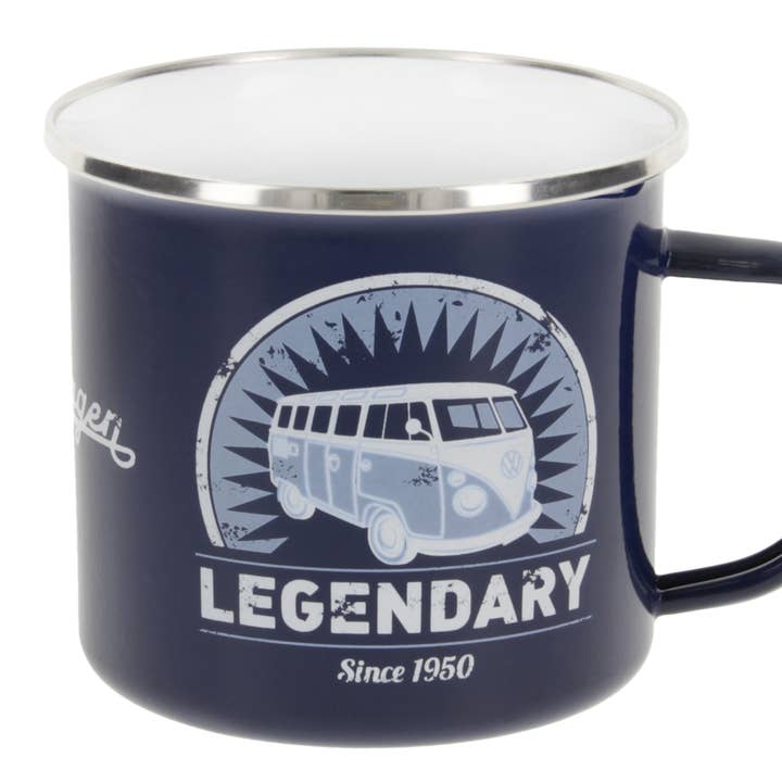 Tazza da viaggio smaltata VW Bus 500 ml con design 'Legendary/BL' per la vendita all'ingrosso da parte di VW Collection by BRISA
