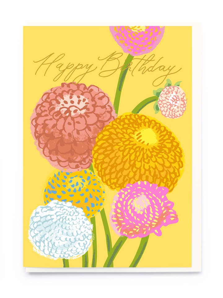 BIRTHDAY DAHLIAS GREETING CARD NOI for wholesale by Notes & Queries, Inc.
