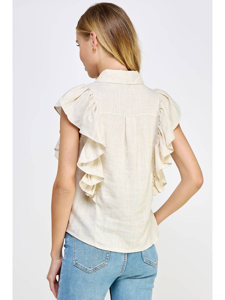 Strut & Bolt - Venta al por mayor Camisa con botones - Mujer - Blusa de lino sin mangas con volantes en los hombros6