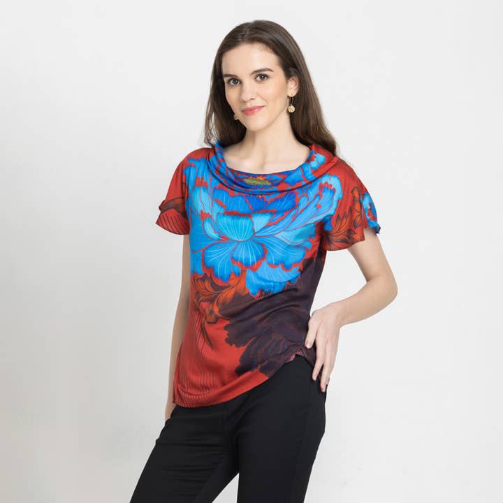 Blusa da festa rossa con collo a cowl per donna per la vendita all'ingrosso da parte di Benares