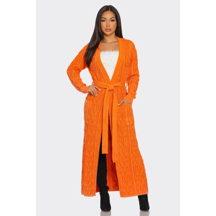 Kabelgebreid Lang Gebreid Vest met Ceintuur voor wholesale door Style Up