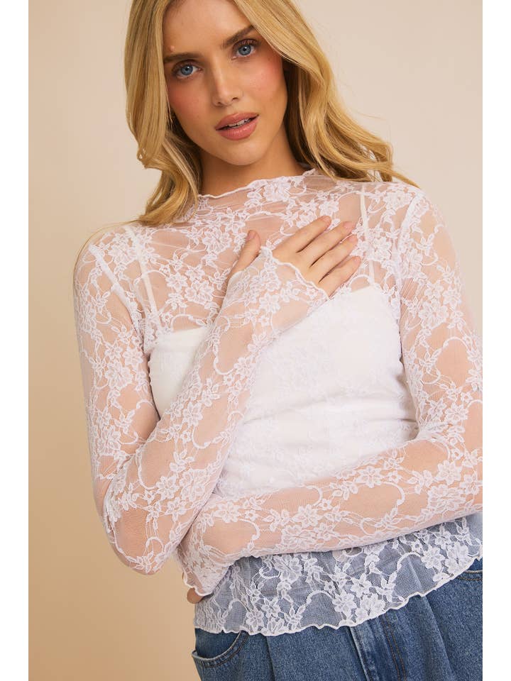 GILLI - Wholesale Knit Top - Women's - LONG SLEEVE MERROW HEM FLORAL MESH TOP