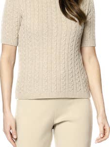 Lea Kortärmad Kabelstickad Polotröja, Beige för wholesale av Biana