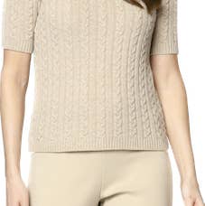 Biana - Wholesale Knit Top - Women's - Lea Short Sleeved Cable-Knit Turtleneck, Beige0