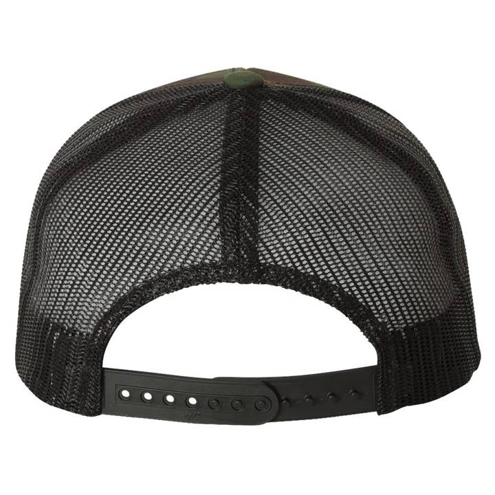 Flounder Deco 6 Panel Trucker Snap Back Camo Green Black Hat for wholesale on Faire1