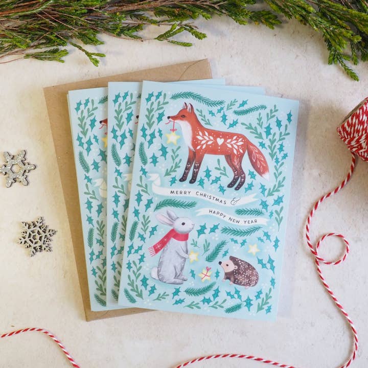 Folk Forest Animals Christmas Card Pack for wholesale by Watercolour Sky
