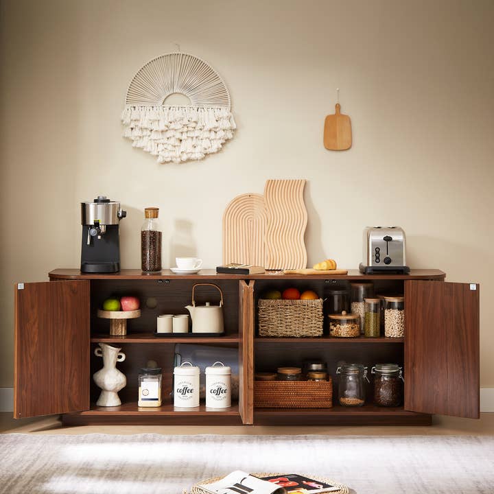 39F Inc. - Wholesale Cabinet - 64"W Walnut Sideboard Storage Cabinet - Wave Pattern3