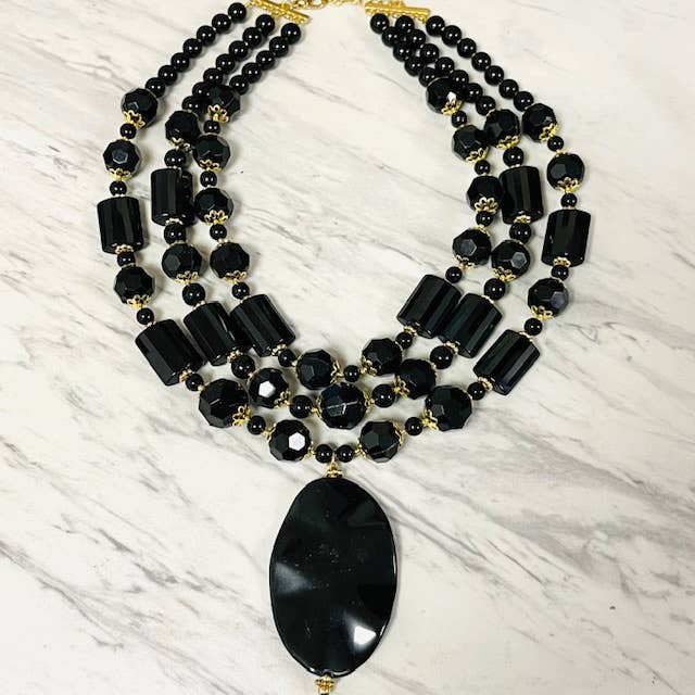 3 Strand Layered Black Jade & Agate Statement Necklace for wholesale by Anita K By Blushing Pink