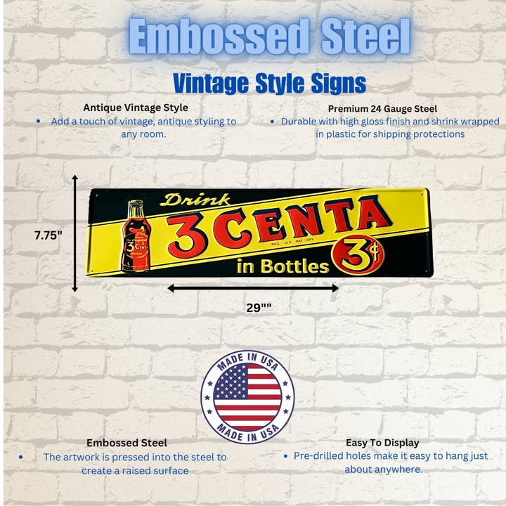 Vintage Style Steel Sign 3 Centa Soda for wholesale by The Vintage Retro Sign Company