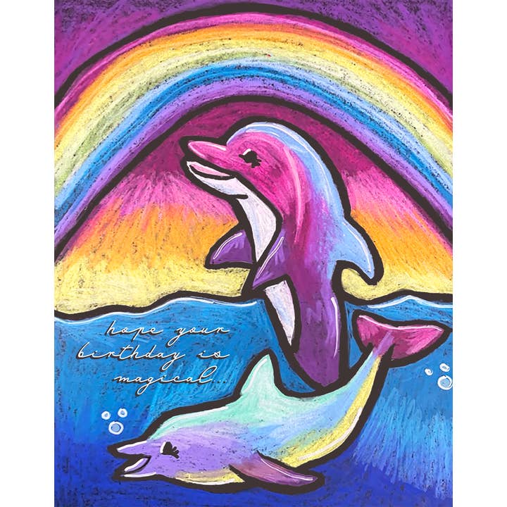 Kerry Quinn's Kitsch - Vendita all'ingrosso Biglietti di auguri - Biglietto di auguri di compleanno con delfino magico, motivo: arcobaleno, oceano, gessetto