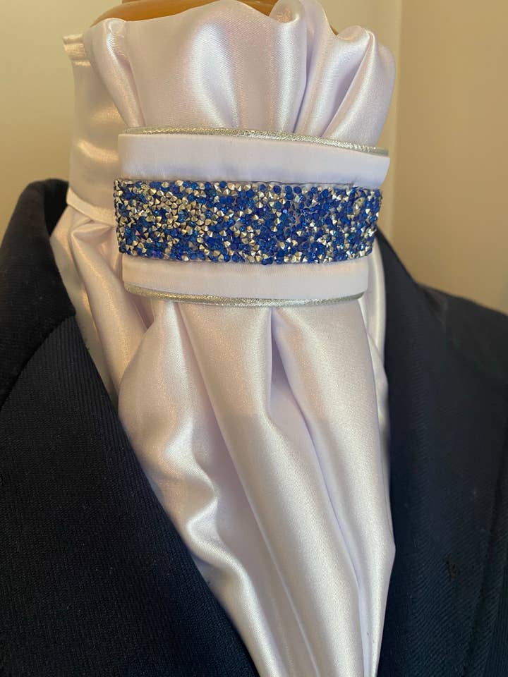 HHD White Satin Dressage Euro Stock ‘ Nancy’ in Silver with Blue Rhinestones for wholesale by Heavenly Horse Designs