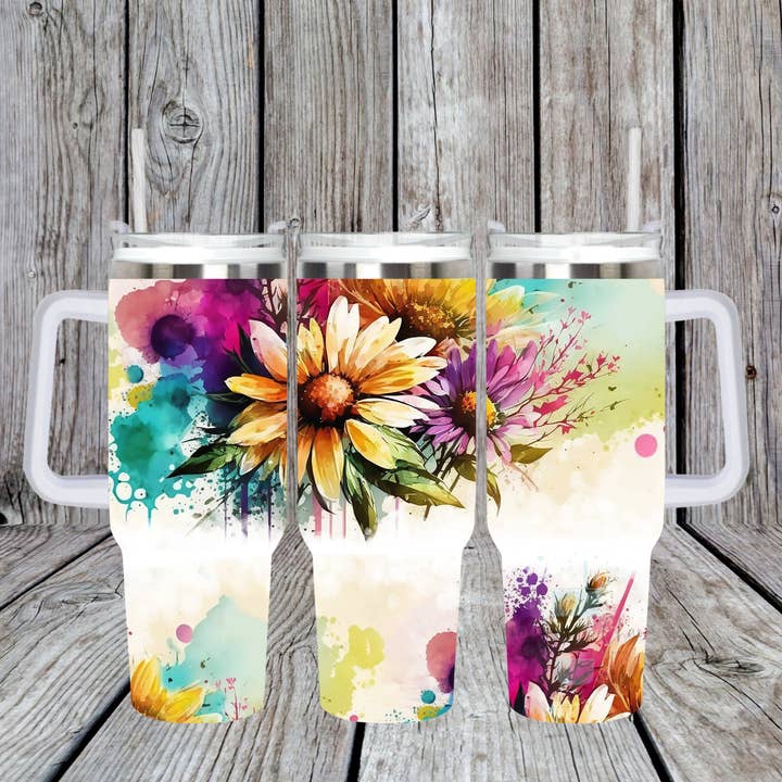 Bright Sunflower Tumbler with Handle for wholesale by Crafting in Chaos