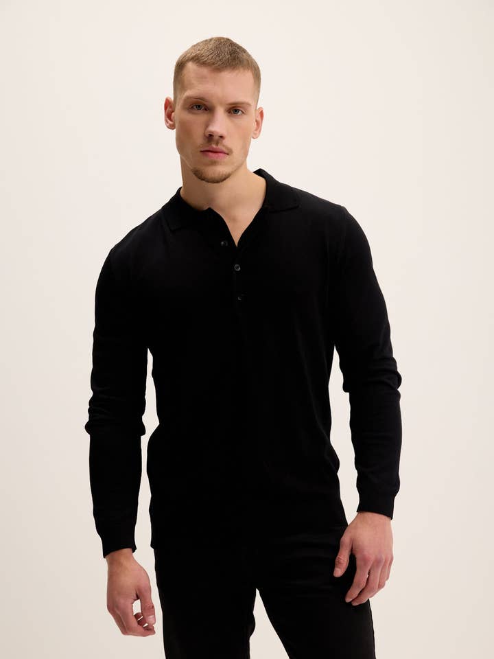Four Button Down Polo Sweater - Black for wholesale by Ron Tomson