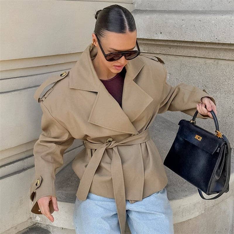 KHAKI Mid-Length Sleeve Lapel Tie-Waist Trench Coat for wholesale on Faire2