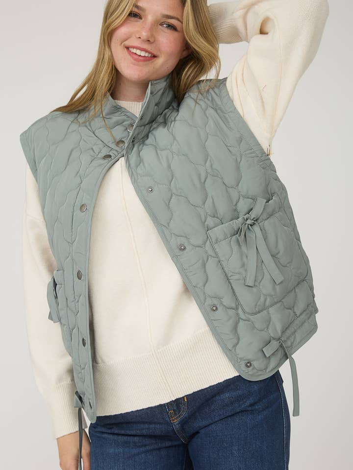Blu Pepper - Wholesale Outerwear Vest - Women's - TIE DETAIL SNAP BUTTON DOWN QUILTED PUFFER VEST 26