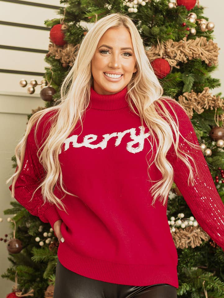 FB Christmas Merry Sequin Sleeve Turtleneck Sweater for wholesale by FASHION BLVD