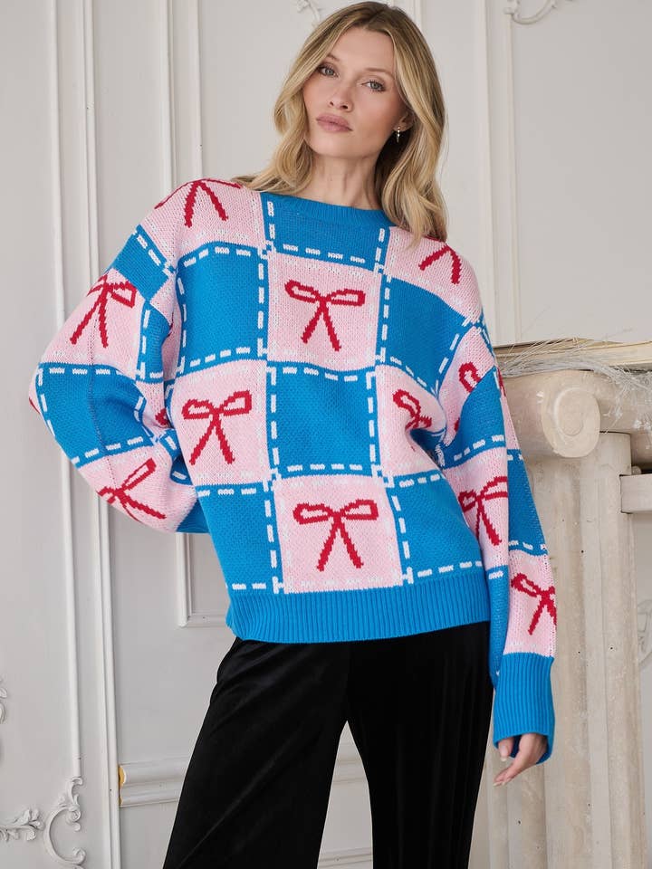 Belora Checker Bow Oversized Sweater for wholesale by Sugarlips
