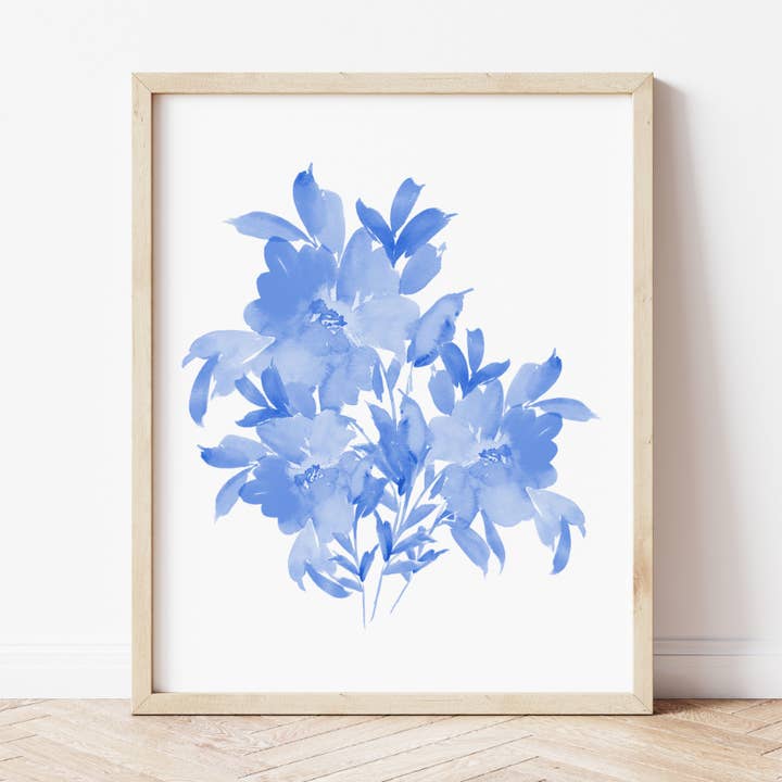 Stampa artistica con bouquet astratto monocromatico blu oltremare per la vendita all'ingrosso da parte di Pia Chella