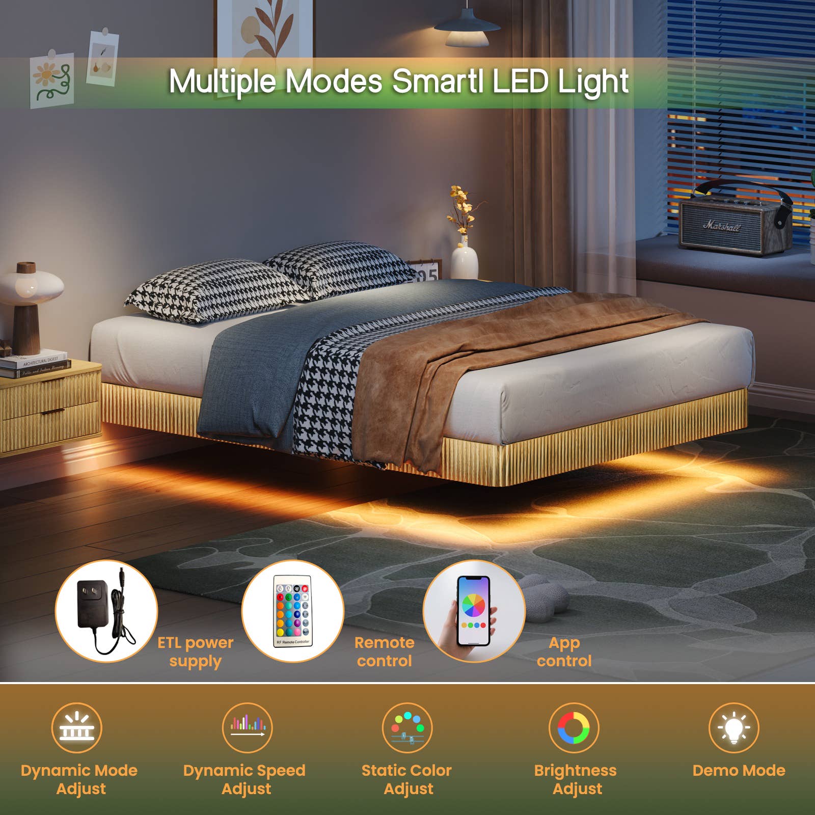39F Inc. - Wholesale Bed - Floating Bed Frame with LED Lights  2 Sizes and 2 colors24