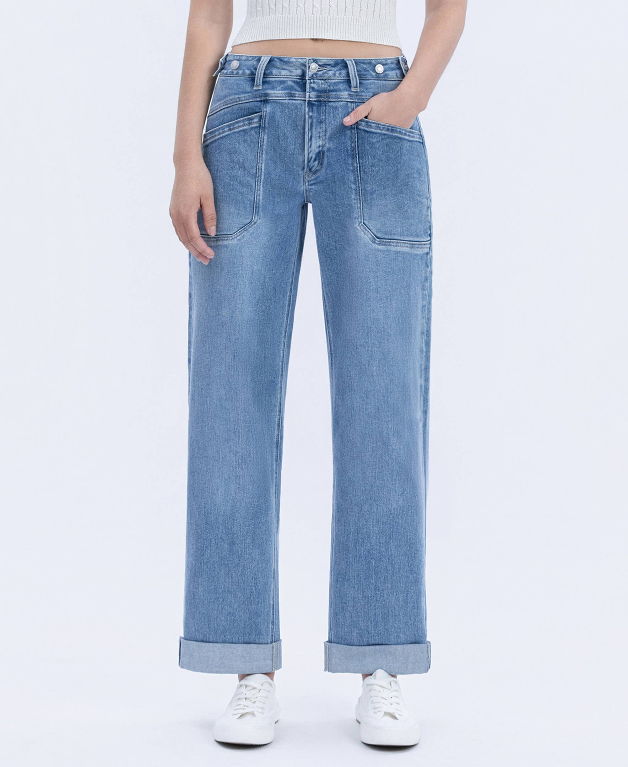 MULTI LOVE HIGH RISE TAB WAISTBAND CUFFED SLIM WIDE JEANS T6700 for wholesale on Faire0
