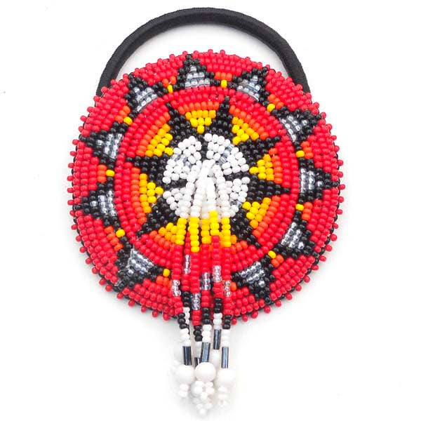BEADS CORNER – wholesale Barrette – Women’s – Beaded Ponytail Holder Hair Tie Red Fire Medallion Beadwork Fringe