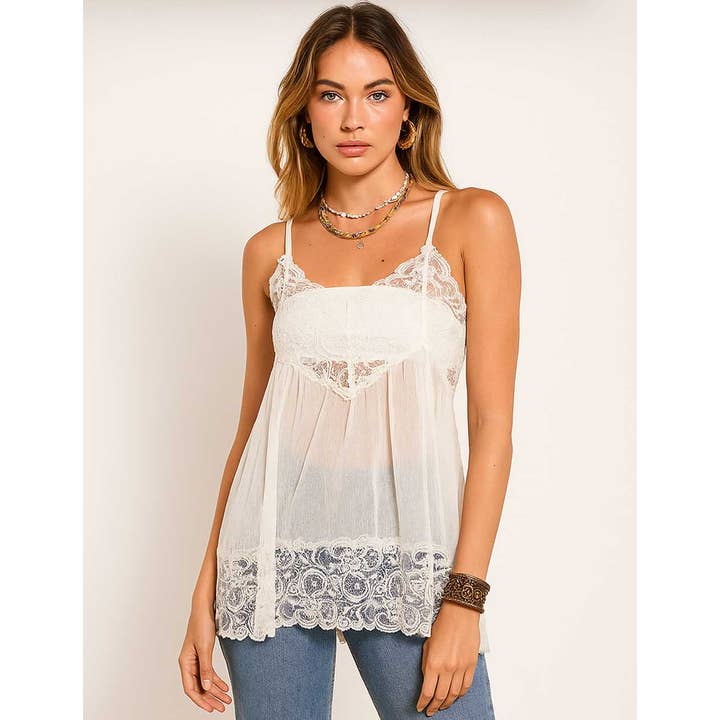 Ladies See Sheer Lace String Shoulder Cami Top SKT5M6 and other Purchase Wholesale camicie. Free Returns & Net 60 Terms on Faire trending on Faire.