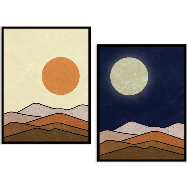 Sun and Moon Abstract Mountain Boho Wall Art Print Poster for wholesale by Villa Posh