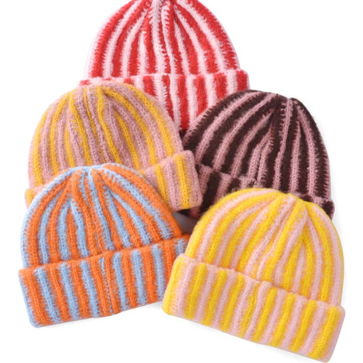 Funkyrel® Atzbranding Limited - Vendita all'ingrosso Berretto - Donna - Haila - Berretto a Maglia con Risvolto a Blocchi di Colore a Righe - Caldo e Elegante11