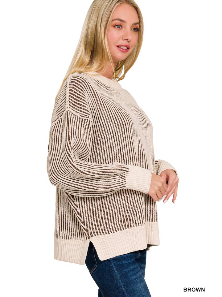 42POPS - Wholesale Knit Sweater - Women's - ',.._ Two Tone Textured Premium Sweater w/ Side slit18