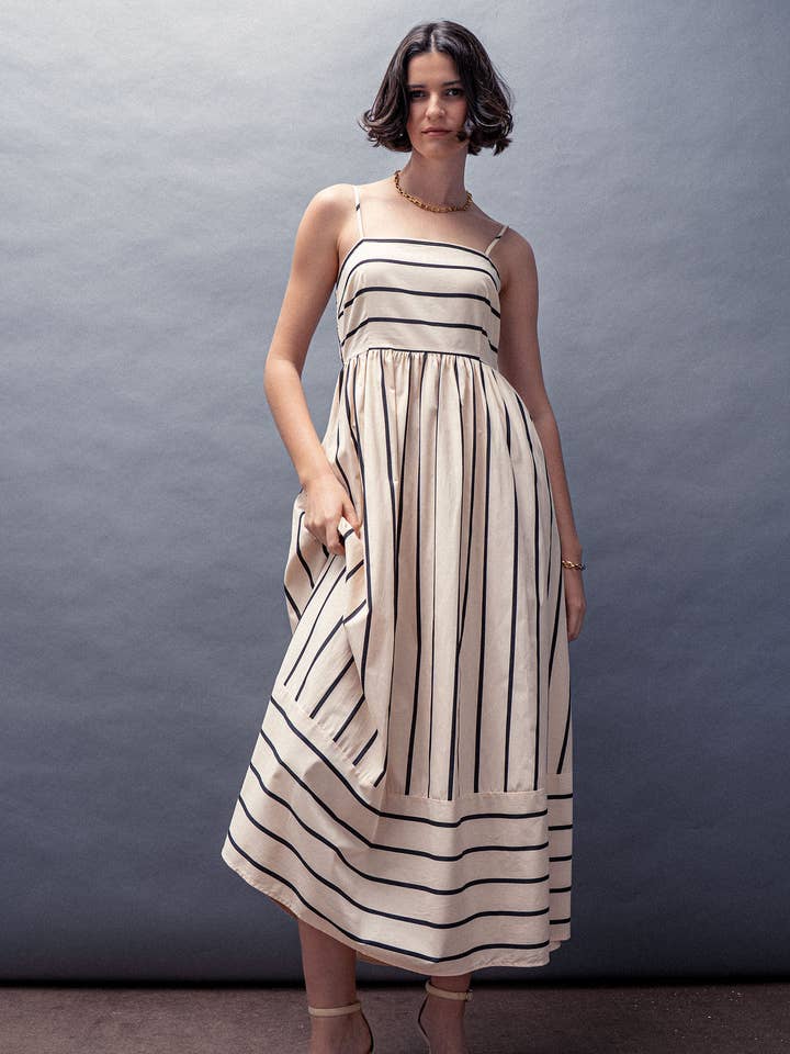 CREAM Nautical Stripe Square Neck Smocked Back Cotton Maxi Dress for wholesale on Faire