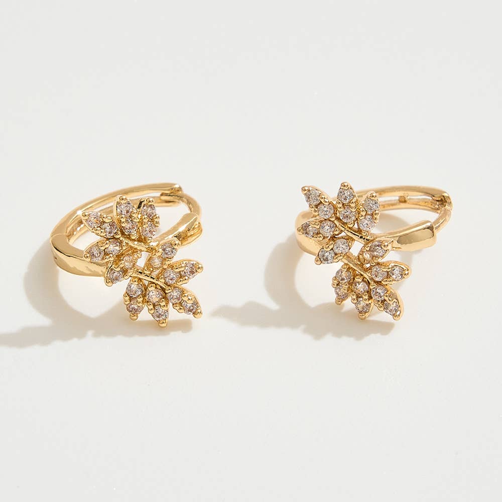 Sensibling Corp. - Wholesale Huggie Earrings - 14K Gold Dipped CZ Stone Paved Leaves Mini Huggie Hoop Earrings0