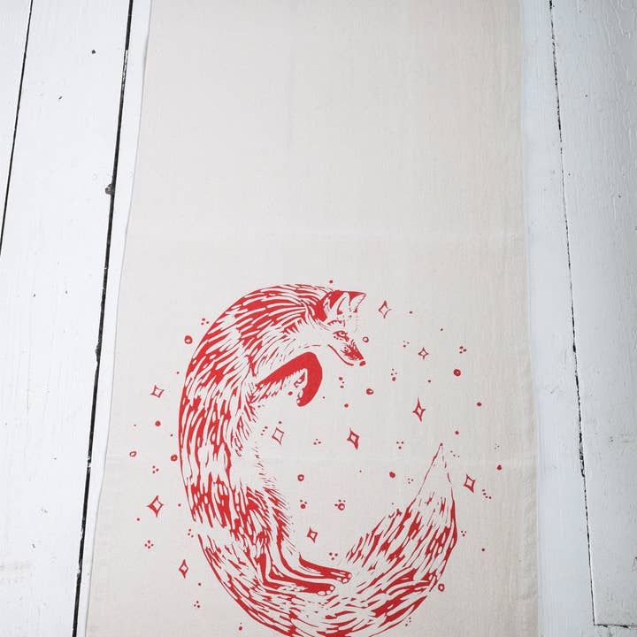 Hearth and Harrow - Wholesale Tea Towel - Organic Cotton Celestial Fox Tea Towel in Red - Animal Print