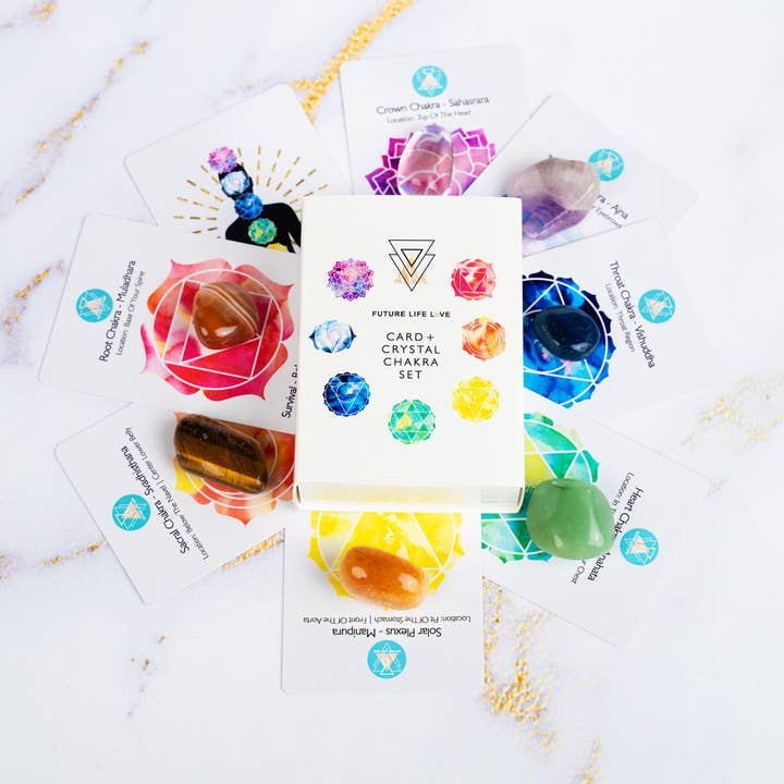 Chakra Card Set With 8 Cards and 7 Crystal Set White Box for wholesale on Faire22