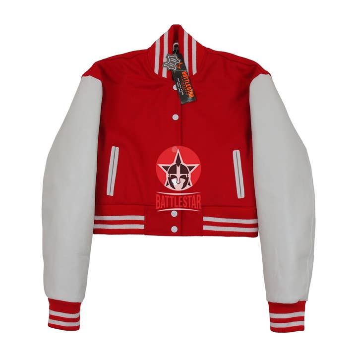 Red Wool White Leather Cropped Body Varsity Baseball Letterm for wholesale by Battlestar Clothing & Gear Co