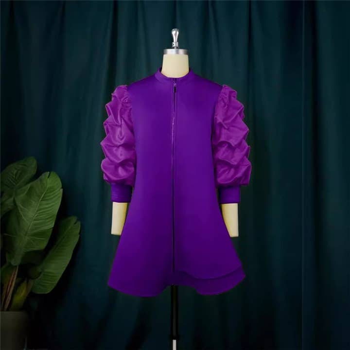 FurDecoration - Wholesale Dress - Women's - Solid Color Short Dress With Stand Collar And Pleated Sleeves