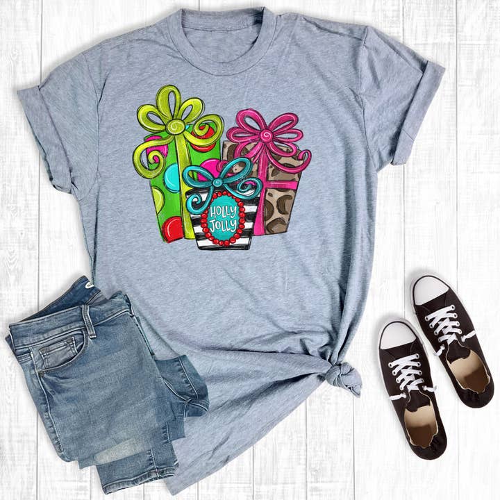 Holly Jolly Christmas Apresenta Gráfico Tee Cinza Claro por atacado de Rebel Rose