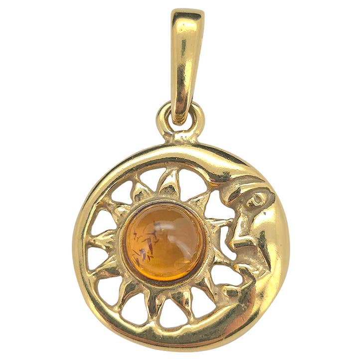 Amberman - Wholesale Individual Charm/Pendant - Cognac Amber Gold Plated Silver Sun/Moon Pendant
