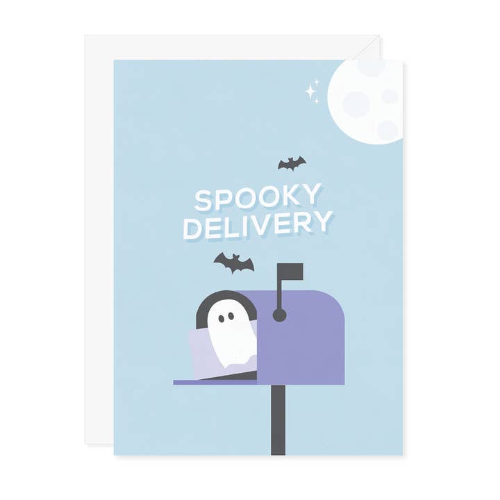 Carte de vœux longue distance Spooky Delivery Ghost Mailbox pour la vente par Carmela & Co.