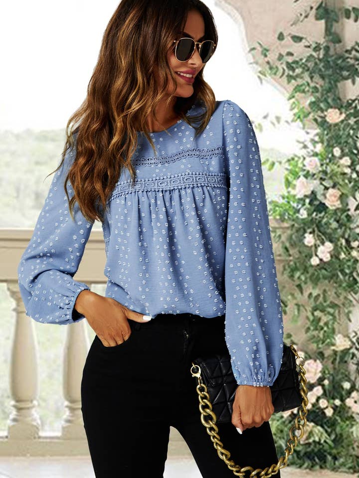Lace Detail long sleeve Blouse Top In Blue for wholesale on Faire